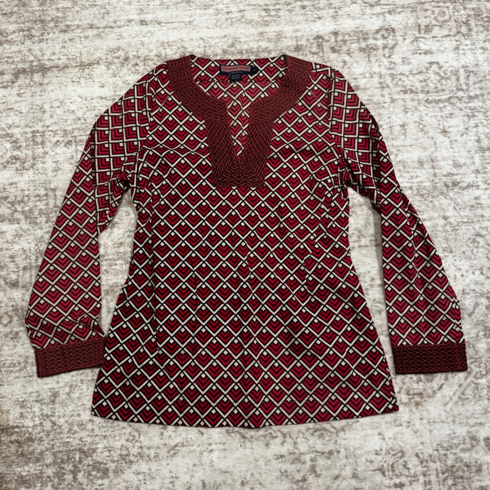 Vineyard Vines Womens‎ Red Geometric Embroidered Cotton Tunic Top Small